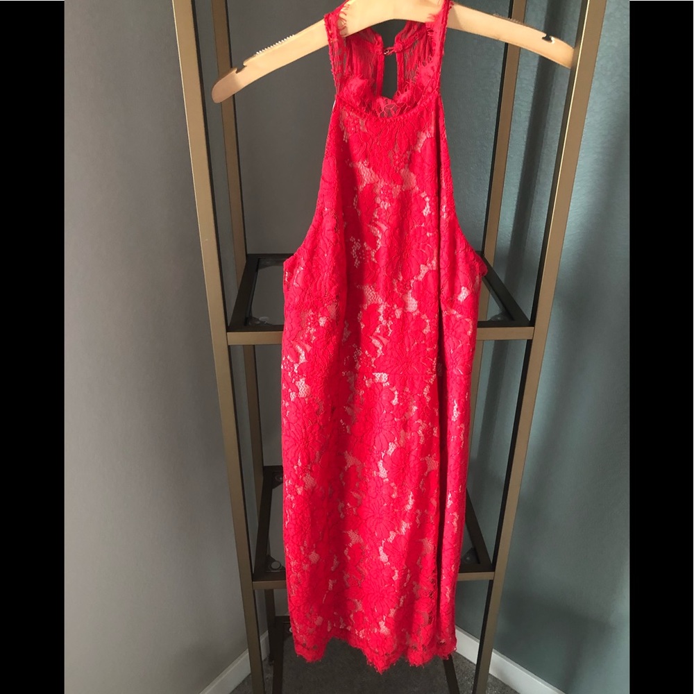 Red lace high neck dress